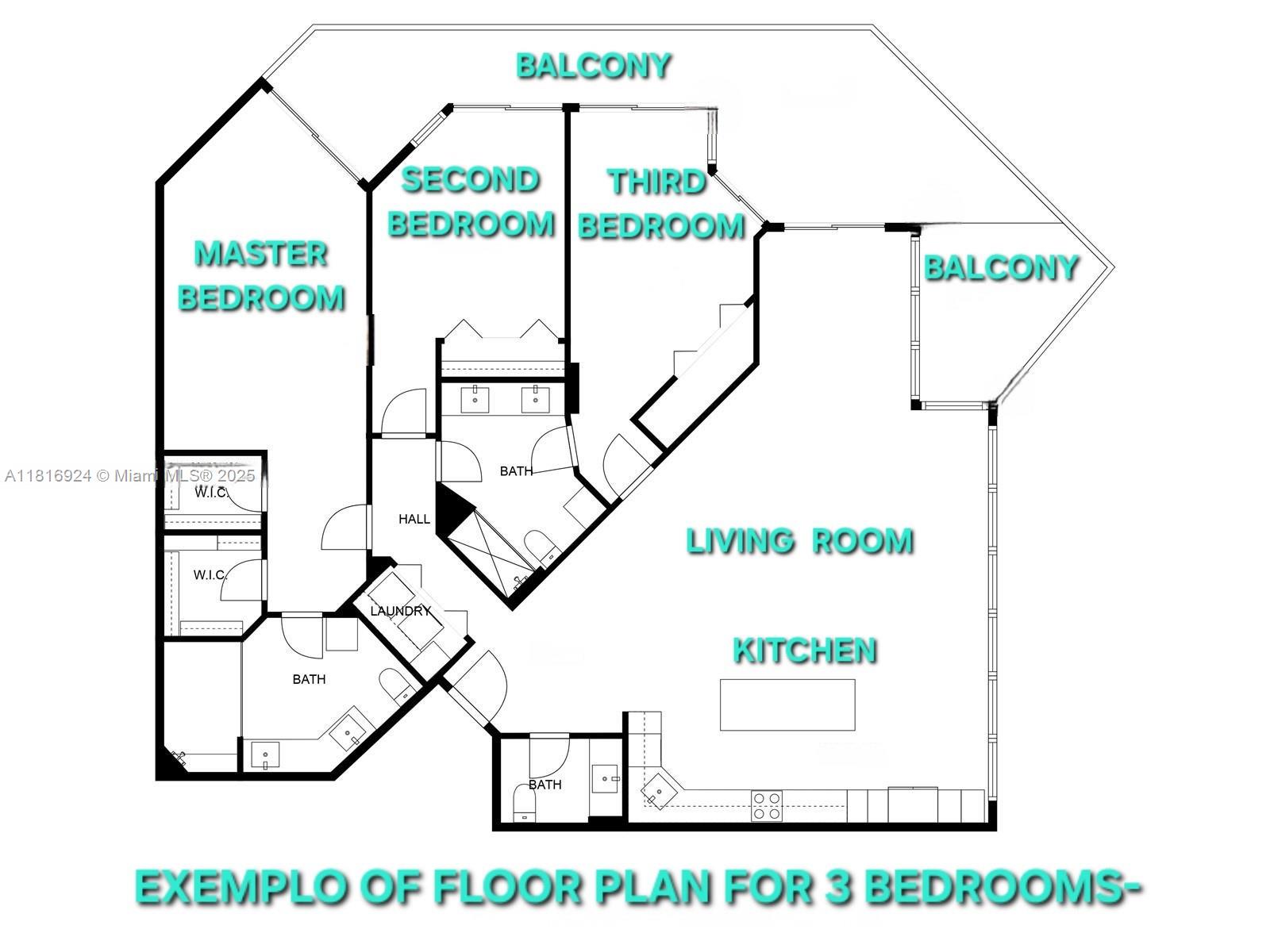 Photo of 16445 Collins Ave (Direct Ocean View /Corner Unit)  #1426, Sunny Isles Beach, Florida, 33160 - Floor Plan with 3 Bedrooms