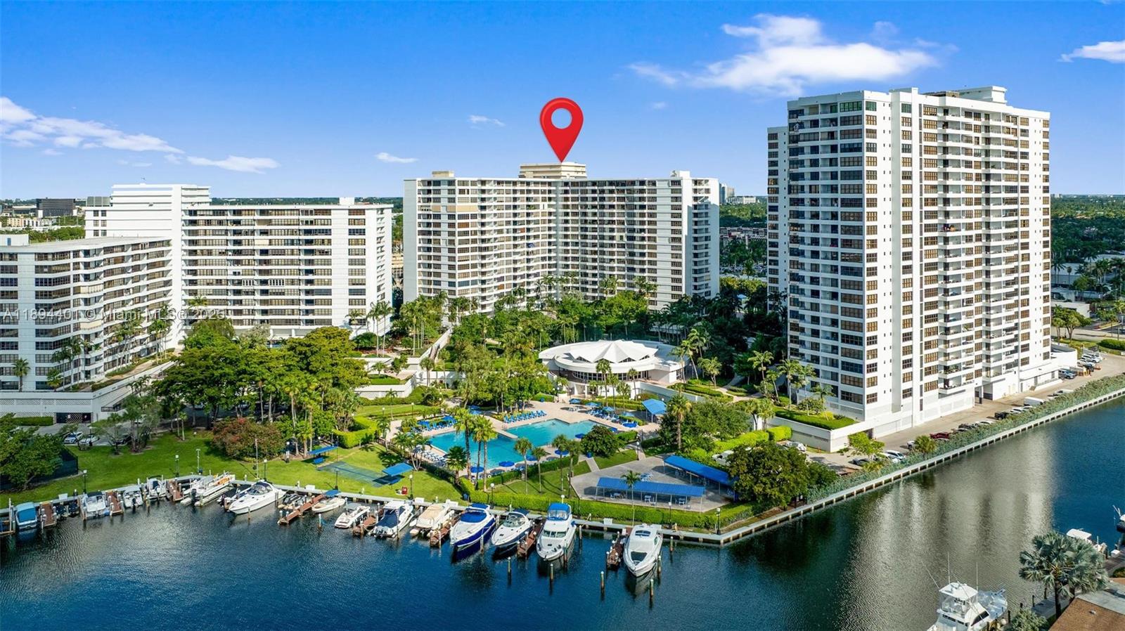 Photo of 600 Three Islands Blvd  #317, Hallandale Beach, Florida, 33009 - Rear view of Olympus Condo overlooking marina & intracoastal