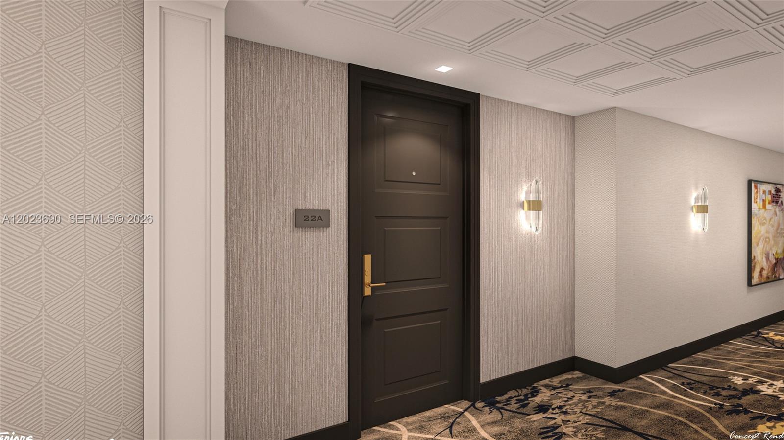 Photo of 9801 Collins Ave  #11M, Bal Harbour, Florida, 33154 - Unit 11M entrance with new wallpaper, carpet, ligthing and more