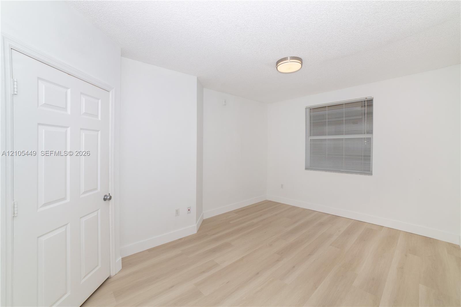 Light wood-finish flooring, white paneled door, window with horizontal blinds, and a flush-mount ceiling light