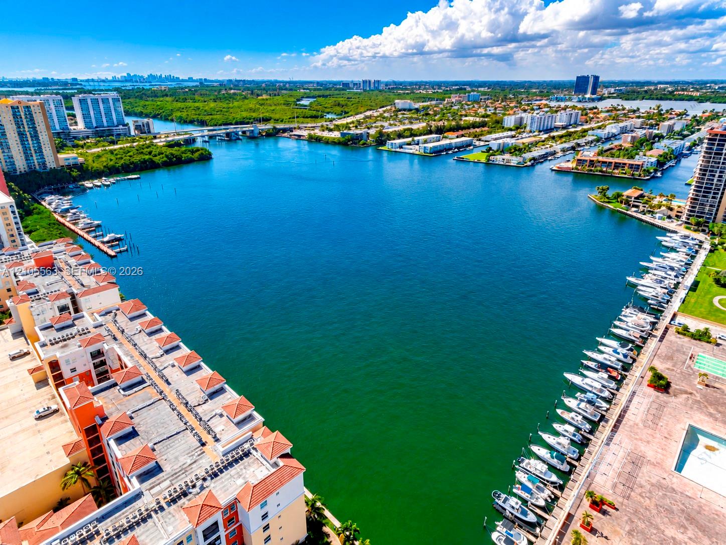 Waterfront setting with marina, urban skyline, and surrounding residential buildings
