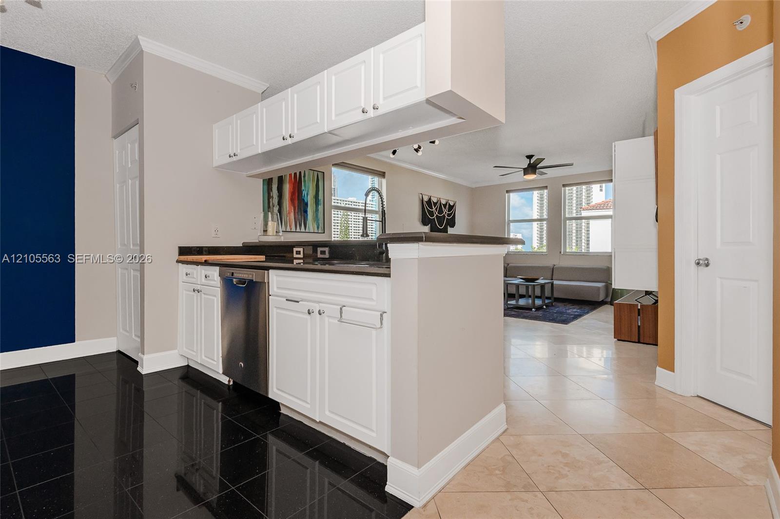 Kitchen featuring white cabinetry, black countertops, stainless steel dishwasher, and black tile flooring