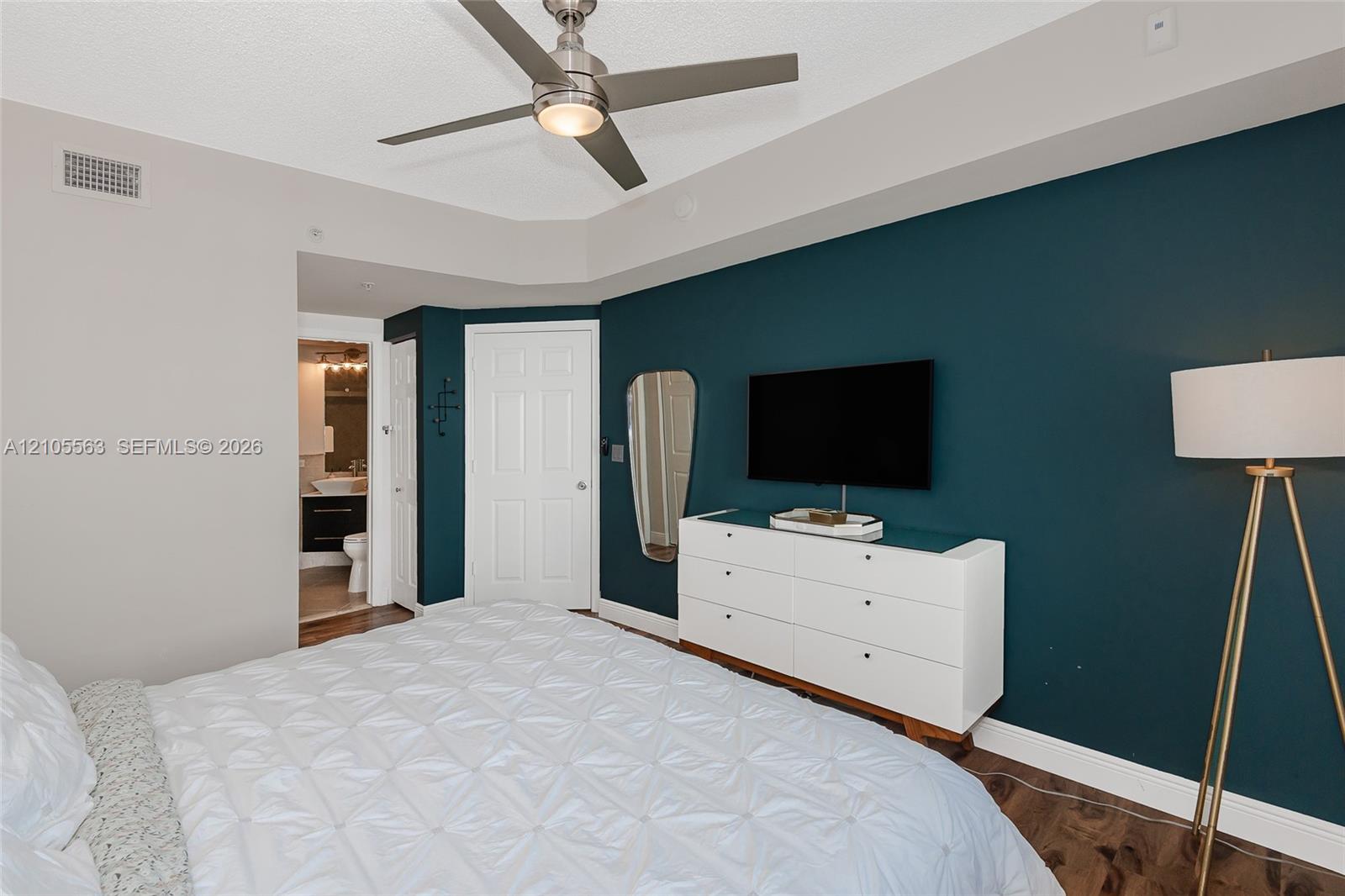 Wood-finish flooring with a contrasting accent wall