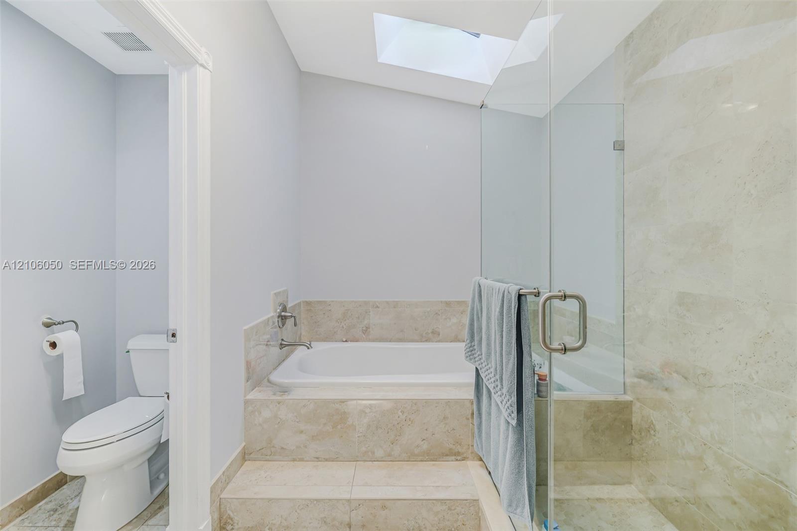 Built-in drop-in bathtub with stone-surround, frameless glass-enclosed shower, skylight, and neutral wall-mounted toilet
