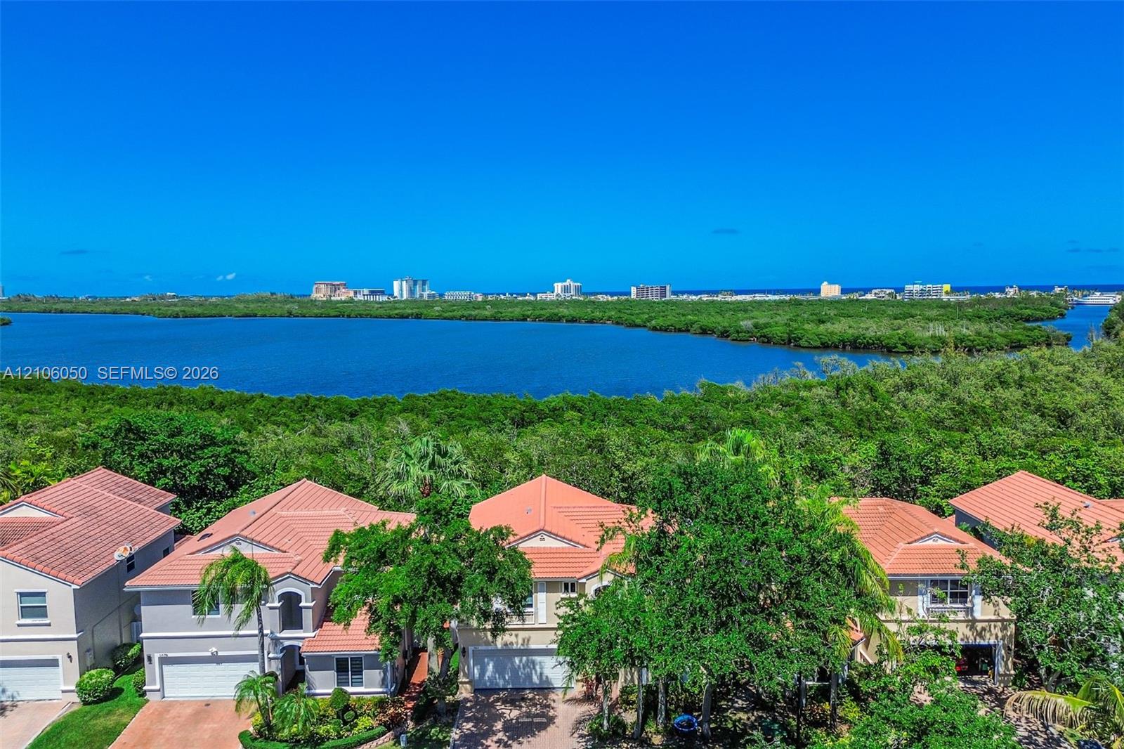 Aerial perspective featuring tile-roofed residences, extensive natural vegetation, and open water frontage