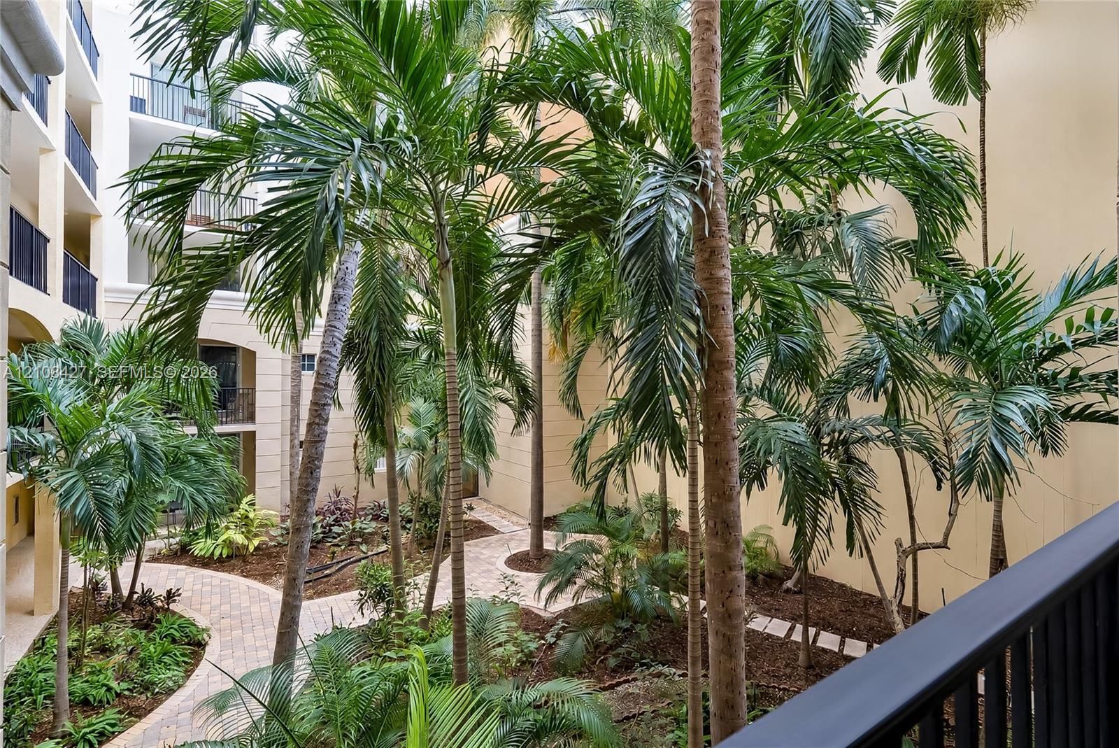 Courtyard featuring lush palm trees, structured paver pathways, mature landscaping, and multi-level balconies