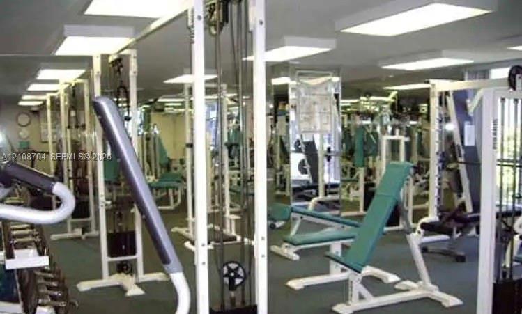 Fitness center featuring wall-to-wall mirrors, industrial-grade floor surfacing, and recessed fluorescent lighting