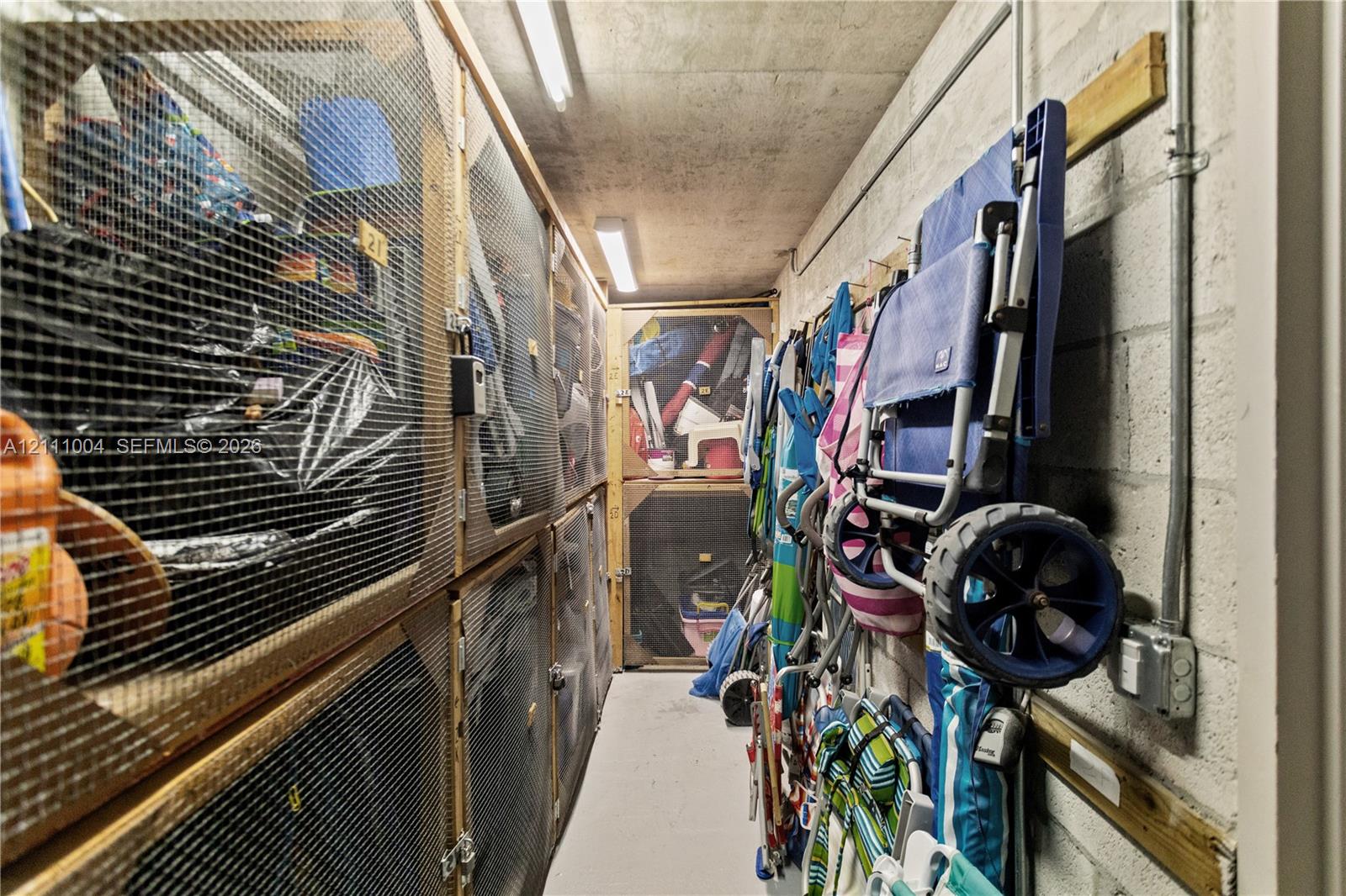 Dedicated storage area featuring concrete walls, linear overhead lighting, and secured wire-mesh partitioned compartments