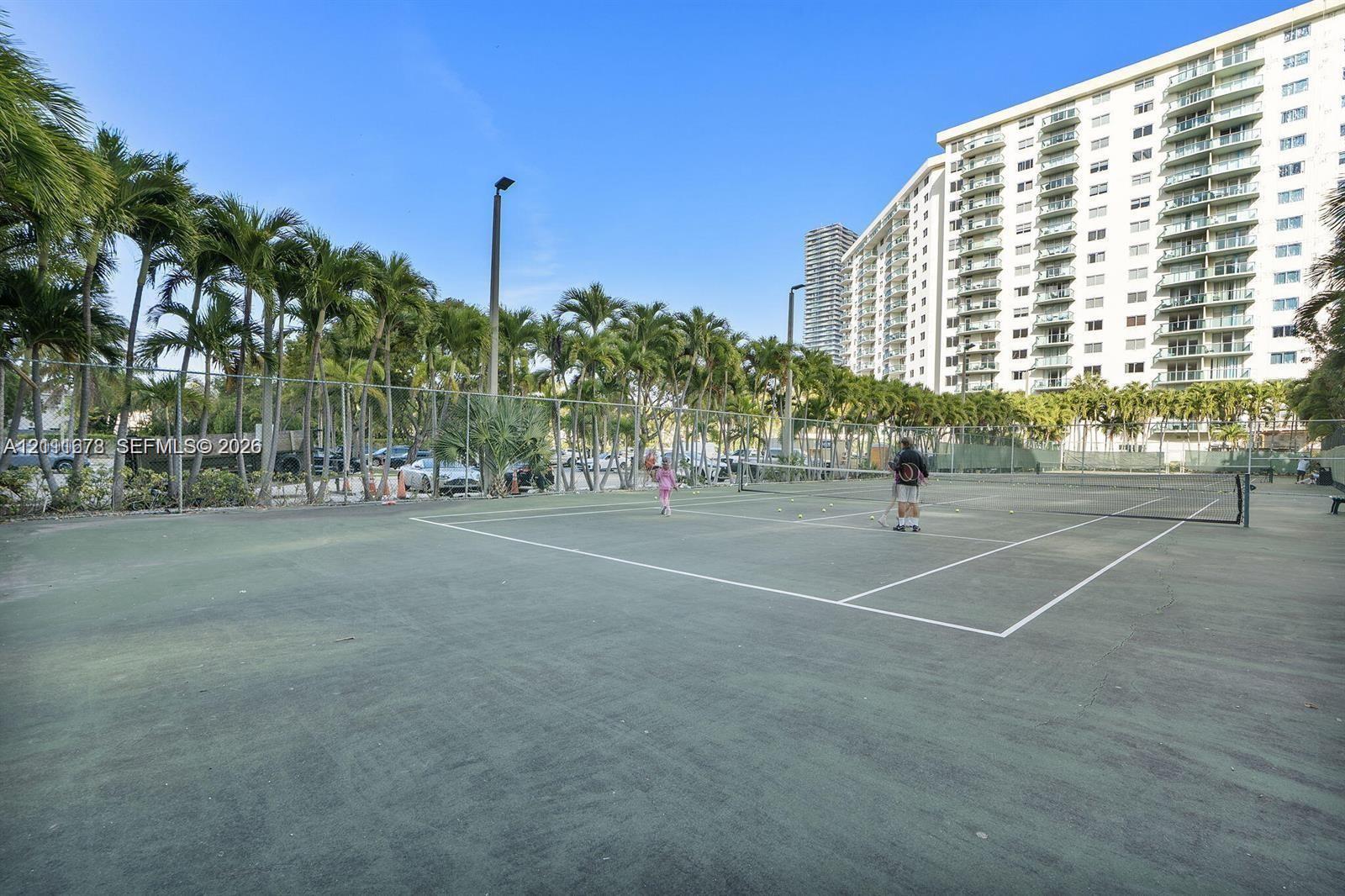 Tennis court featuring a perimeter fence, professional line markings, and surrounding palm trees